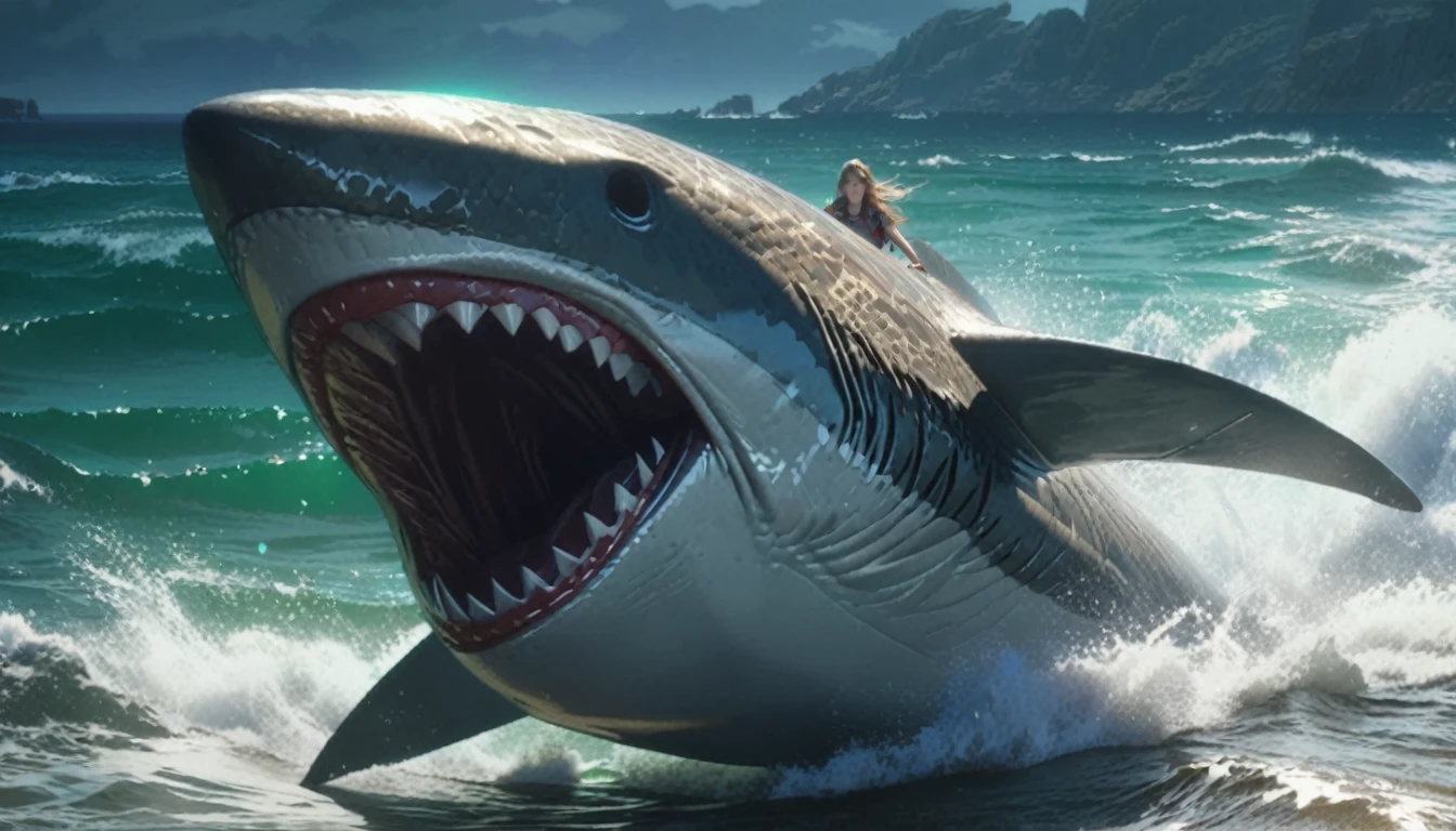 score_9, score_8_up, score_7_up, ocean, a girl riding Shark, anime screencap, highly detailed, dark fantasy, cinematic lighting, dramatic composition, hyper-realistic, 8k, intricate details, vivid colors, photorealistic, masterpiece