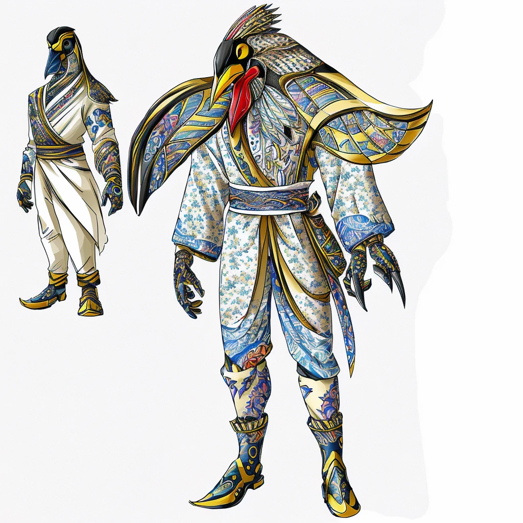 Drawing of a man with a bird-beak mask on his head, Whole body concept, detailed Whole body concept, old , Butterfly pattern clothes,Penguin head shaped steel arm,New clothing concept design, complex fantasy character, Concept Character, Orc concept, ( ( Character Concept Art ) ), Full body character concept