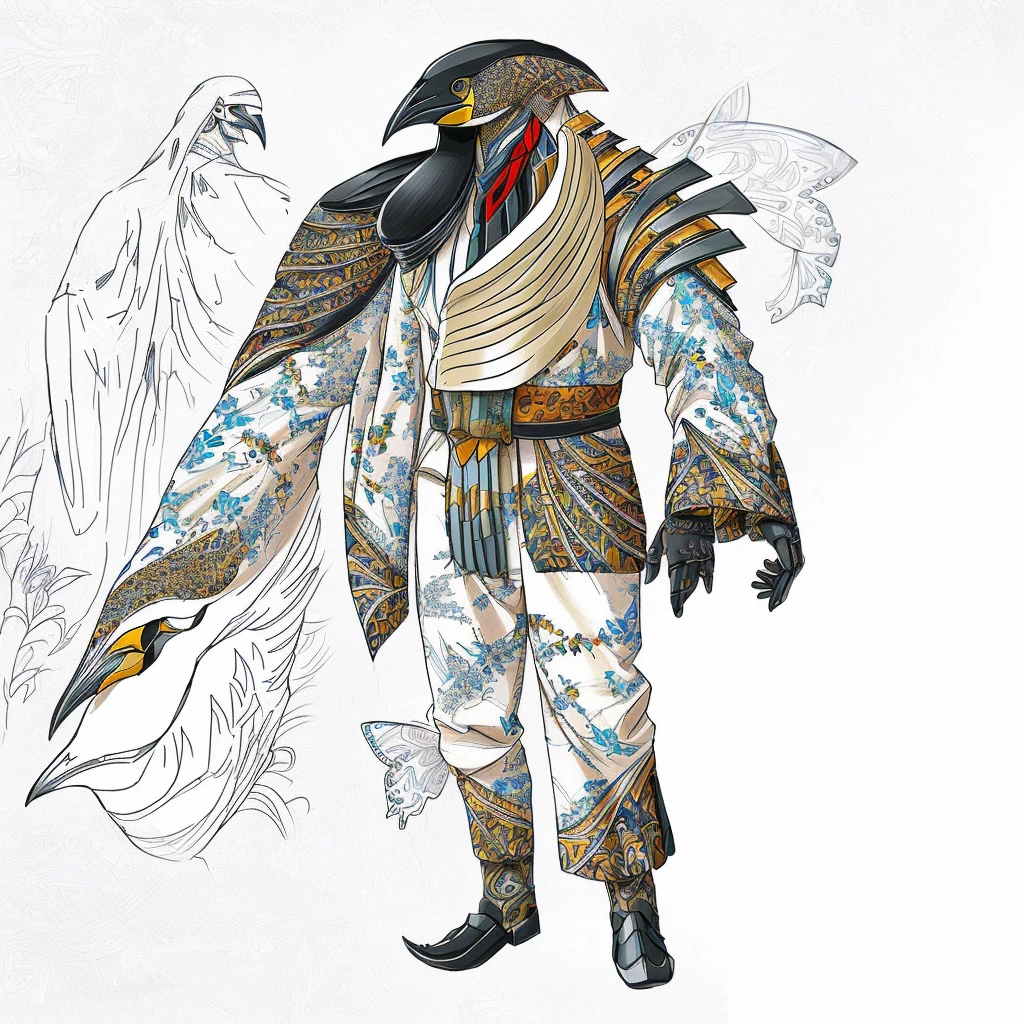 Drawing of a man with a bird-beak mask on his head, Whole body concept, detailed Whole body concept, old , Butterfly pattern clothes,Penguin head shaped steel arm,New clothing concept design, complex fantasy character, Concept Character, Orc concept, ( ( Character Concept Art ) ), Full body character concept