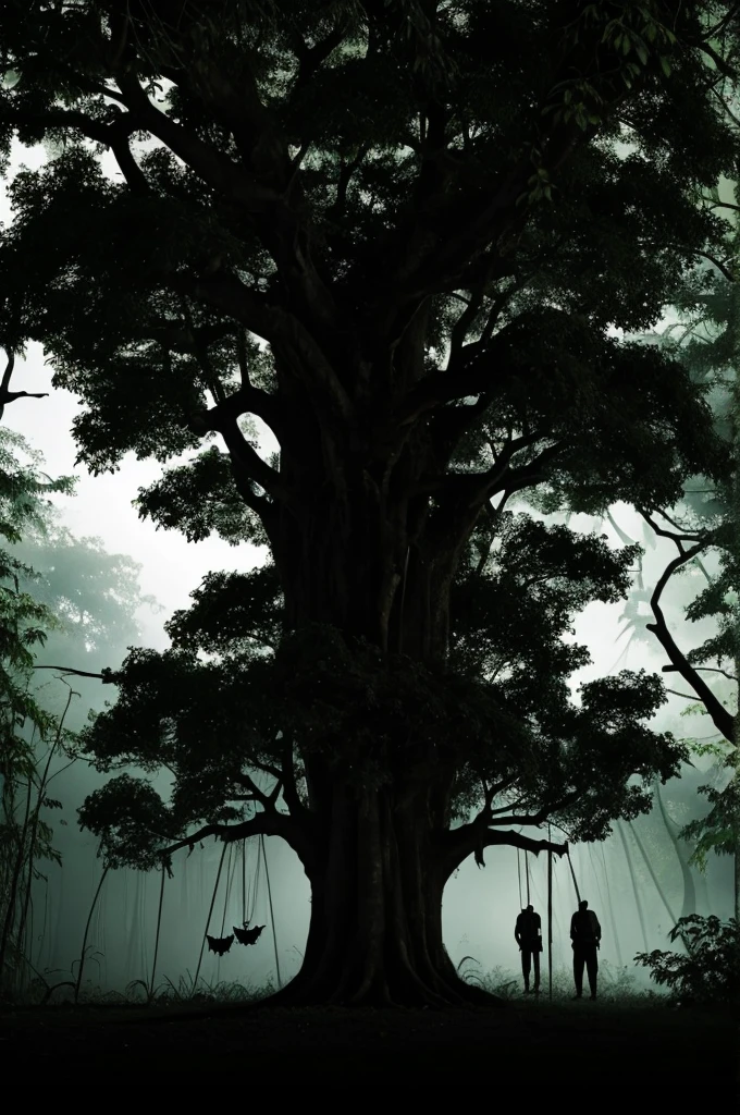 A very terrifying jungle, somewhat dark, among many trees there is one tree that looks very mysterious, and some bats are hanging from that tree.