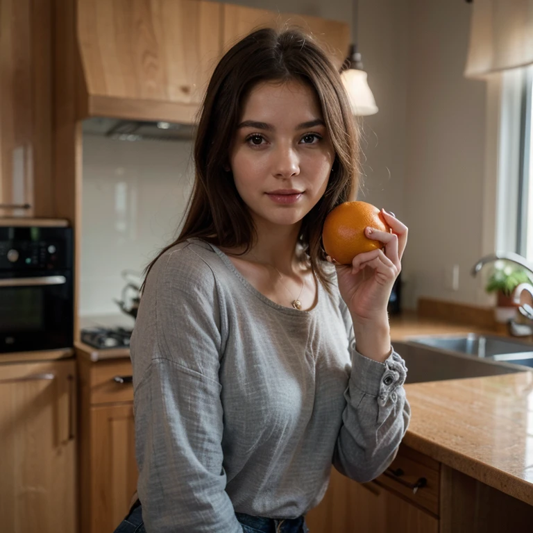 young and beautiful woman, slender, healthy, happy expression, She is wearing a blouse and jeans, home cooking, preparando comida healthy, she is holding an orange in one hand ,warm colours, softfocus, delicate facial features, silky hair, behaved pose, proffesional , (best qualityer, 4K, 8K, high resolution, Masterpiece artwork: 1.2), ultradetailed, (realisitic, fotorrealisitic, fotorrealisitic: 1.37), HDR, uhd, studio lighting, ultra-fine painting, sharp focus, physically based rendering, extreme detailed description, bright coloured, bokeh, portraite