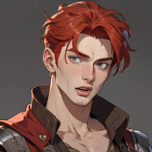 (masterpiece), (best quality),(portrait),(bust up),1boy,solo,(sharp focus),((look at viewer)),(redhead),open-mouthed,adult, (ancient:1),ancient luxurious long clothes,old school fantasy art,((simple background)),super shiny face,Ultra Glossy Skin,