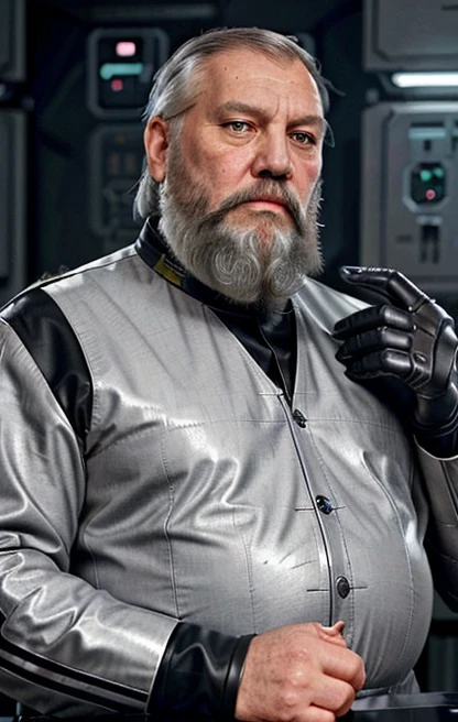 He is looking at his mechanical palm, He observes his own bionic hand, The space general aged 65 has long gray beard and long beard, wears a futuristic uniform, he is fat bearded, long sleeve uniform , wearing leather gloves on your hands, he has his arms crossed seriously, speaking to the viewer, He wears a white general&#39;s hat on his head. He wears a general&#39;s hat.((He is very chubby and has a white Speedo, in a huge swimming room he wears no clothes, ))), Inside the spacecraft. Full body photography Full body photography ))), Inside the spacecraft.((He is very chubby and has a white Speedo, in a huge swimming room he wears no clothes, ))), Inside the spacecraft. (((Full body photography Full body photography ))), Inside the spacecraft.)))