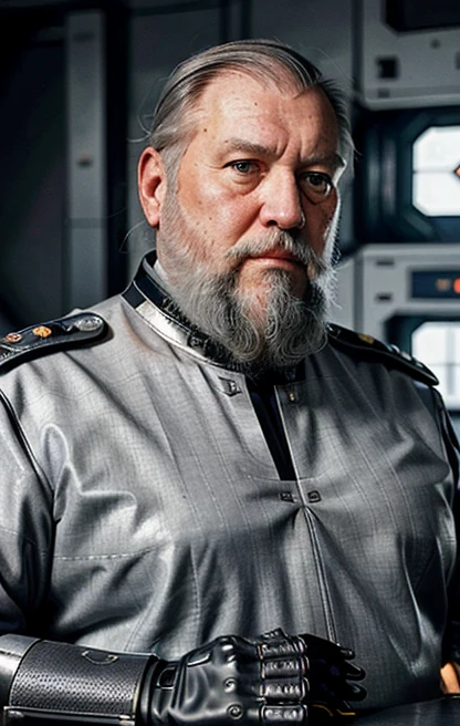 He is looking at his mechanical palm, He observes his own bionic hand, The space general aged 65 has long gray beard and long beard, wears a futuristic uniform, he is fat bearded, long sleeve uniform , wearing leather gloves on your hands, he has his arms crossed seriously, speaking to the viewer, He wears a white general&#39;s hat on his head. He wears a general&#39;s hat.((He is very chubby and has a white Speedo, in a huge swimming room he wears no clothes, ))), Inside the spacecraft. Full body photography Full body photography ))), Inside the spacecraft.((He is very chubby and has a white Speedo, in a huge swimming room he wears no clothes, ))), Inside the spacecraft. (((Full body photography Full body photography ))), Inside the spacecraft.)))