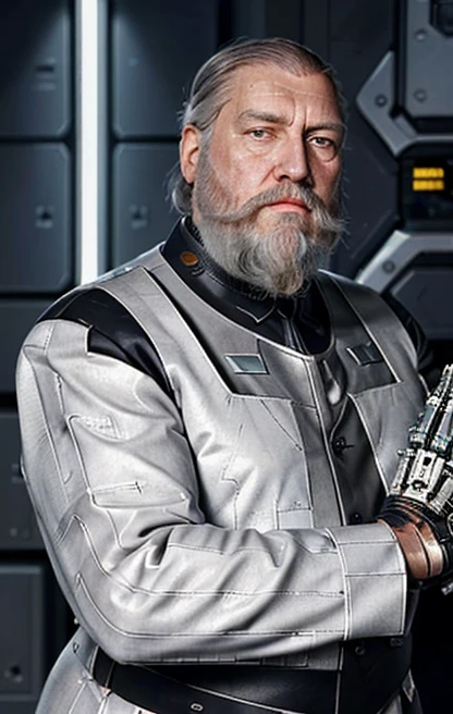 He is looking at his mechanical palm, He observes his own bionic hand, The space general aged 65 has long gray beard and long beard, wears a futuristic uniform, he is fat bearded, long sleeve uniform , wearing leather gloves on your hands, he has his arms crossed seriously, speaking to the viewer, He wears a white general&#39;s hat on his head. He wears a general&#39;s hat.((He is very chubby and has a white Speedo, in a huge swimming room he wears no clothes, ))), Inside the spacecraft. Full body photography Full body photography ))), Inside the spacecraft.((He is very chubby and has a white Speedo, in a huge swimming room he wears no clothes, ))), Inside the spacecraft. (((Full body photography Full body photography ))), Inside the spacecraft.)))