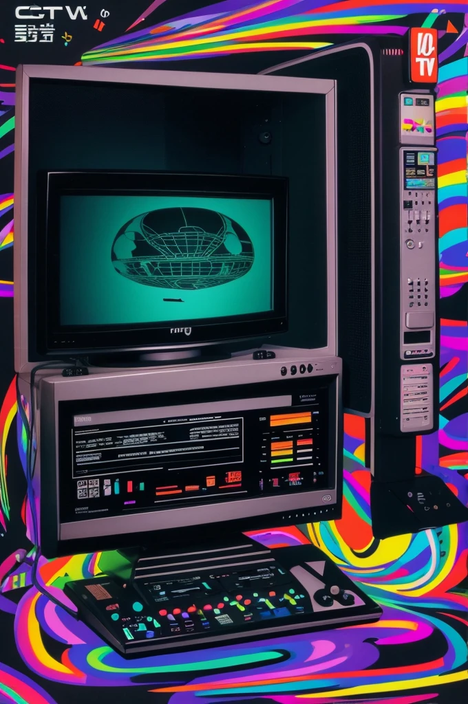 CRT TV monitor、Flyer、background、simple、All black、An illustration、psychedelic、