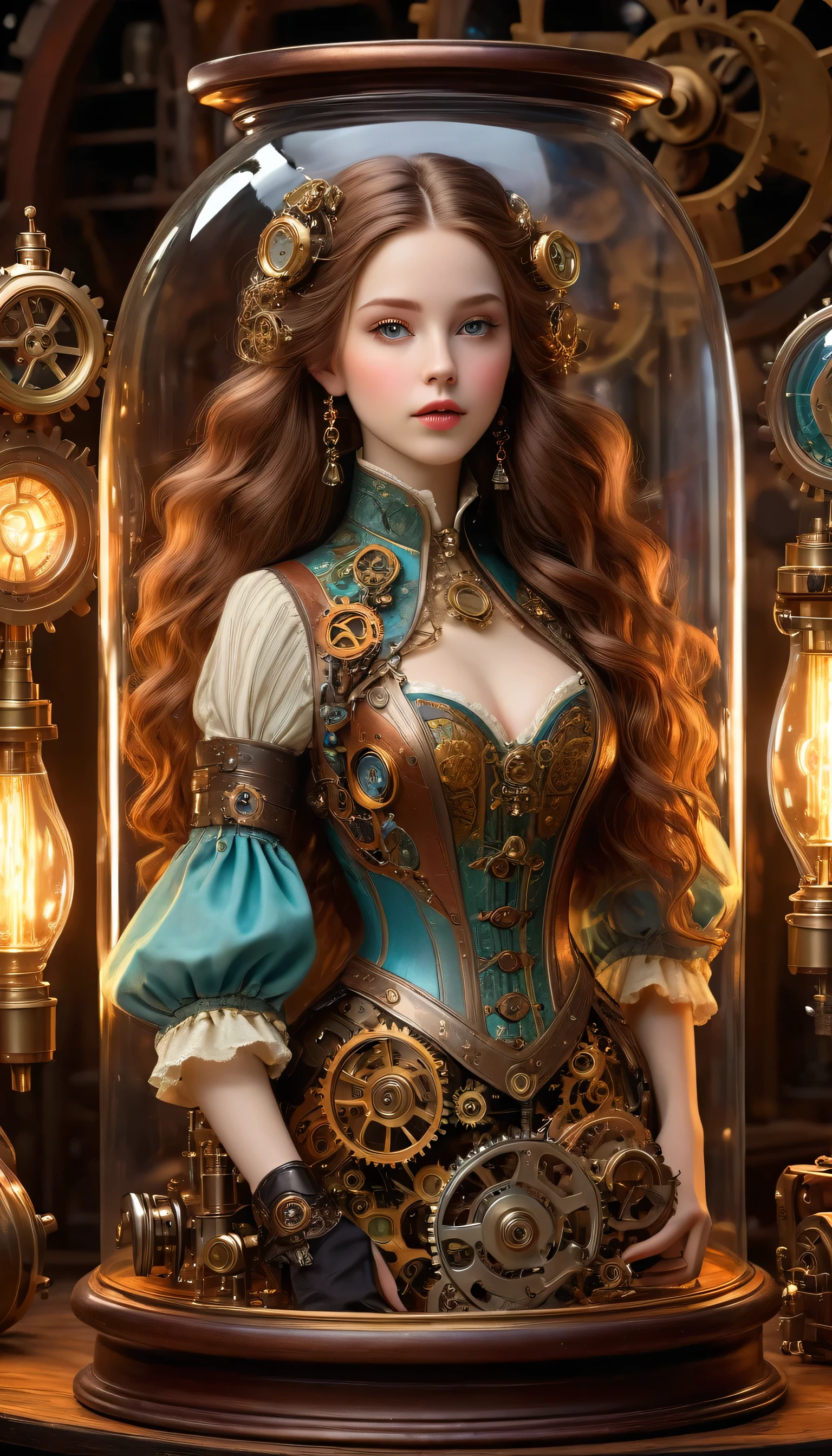 A mechanical girl inside a bottle, detailed mechanical parts, intricate gears and gears, Delicate mechanisms, elaborate costumes, Atmosfera vintage, soft lighting, antique glass display, steampunk style, whimsical and fantastic, vibrant color tones, fine craftsmanship, Ilustrações em high resolution, Masterful attention to detail, ethereal and supernatural, captivating eyes, Porcelain Skin, Long flowing hair, exuding a sense of mystery and elegance. (best qualityer, 4K, high resolution, work of art:1.2), ultra detali, photorrealistic:1.37, hdr, studio lighting, bokeh.