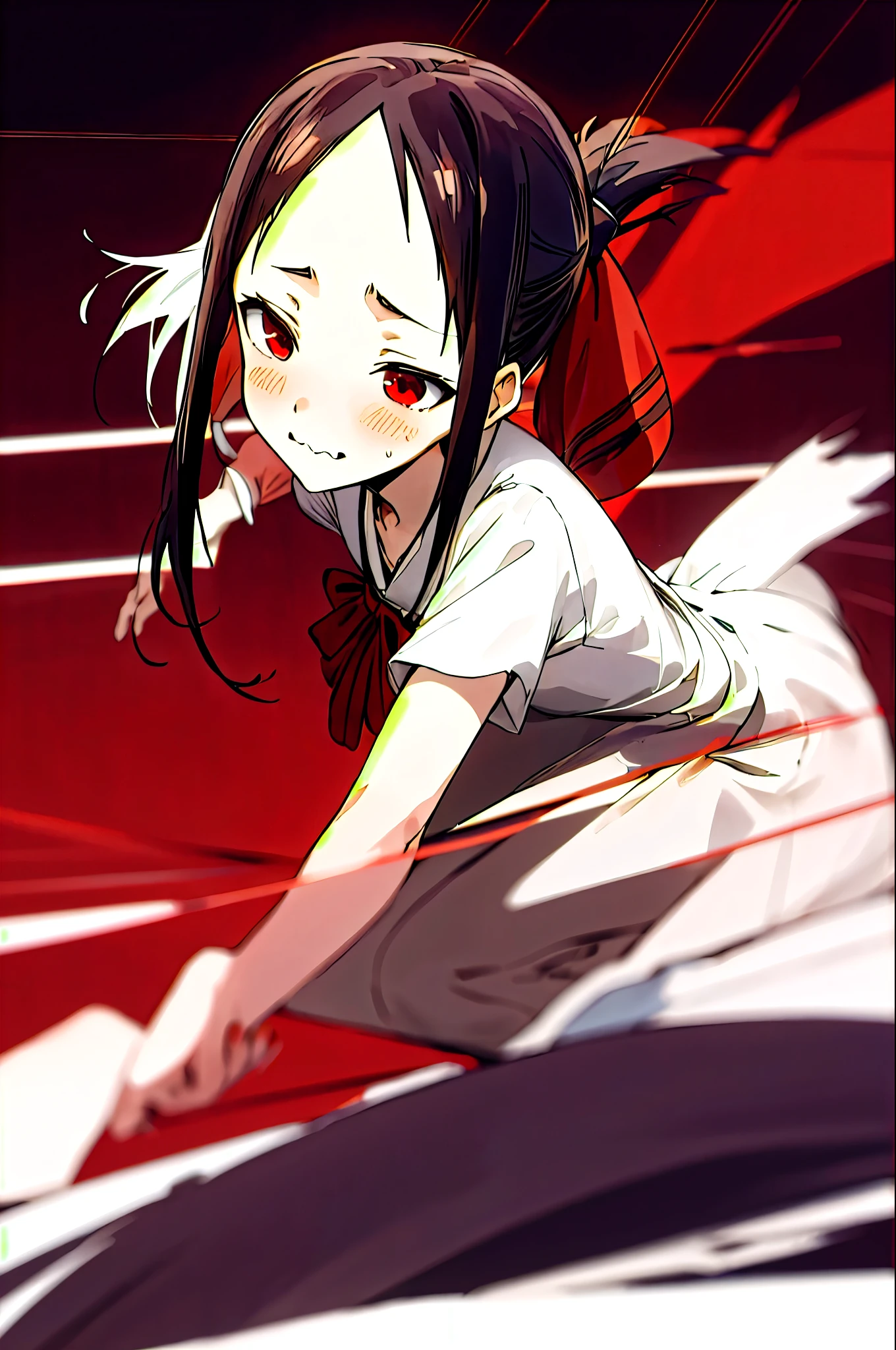 Shinomiya Kaguya,1 girl,Red eyes,wavy mouth,blush,Alone,ashamed,,black fur,hair band,parted hits,Red ribbon,folded ponytail,hits,emphasis lines,Side locks,Closed mouth,portrait,sweat,SMILE,looking to the side,White_bottom,dementia,Masterpiece,Best Quality,high resolution, big butt, backwards 