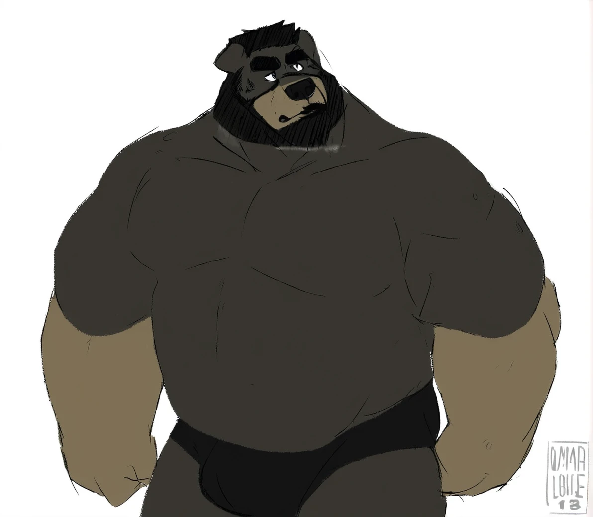 Black Bear，personification，Strong Man，black competitive brief, working out, ripped body