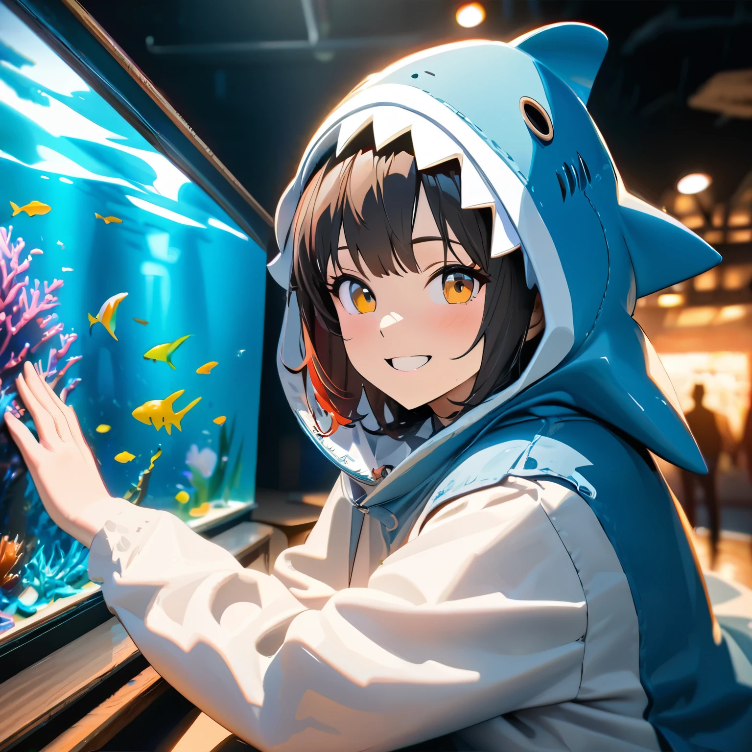 (best quality,8k,highres, masterpiece:1.2), ultra-detailed, HDR, UHD, studio lighting, ultra-fine painting, sharp focus, physically-based rendering, extreme detail description, professional, vivid colors, bokeh, portraits, concept artists, warm color palette, dramatic lightingAquarium on a sunny day, a  in a shark costume is looking inside the aquarium,rear view,happy smile,