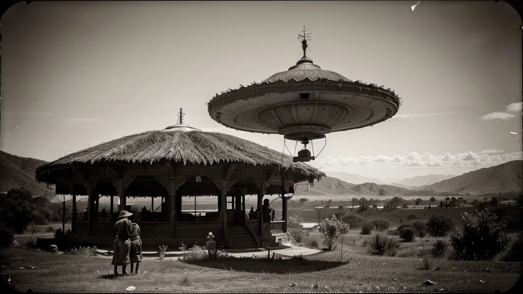 Wide aspect ratio, 1920s old analog photo, damaged old film, grainy, blurry, B&W Sepia tone, of a 3 meters diameter alien flying saucer U.F.O. hovering 1 meters above the ground, in the middle of the Oaxacan Mountains in San José del Pacífico, 3 Mexican  cowboys witness with astonishment. Liminal, Dystopian, hyperdetailed, real, 