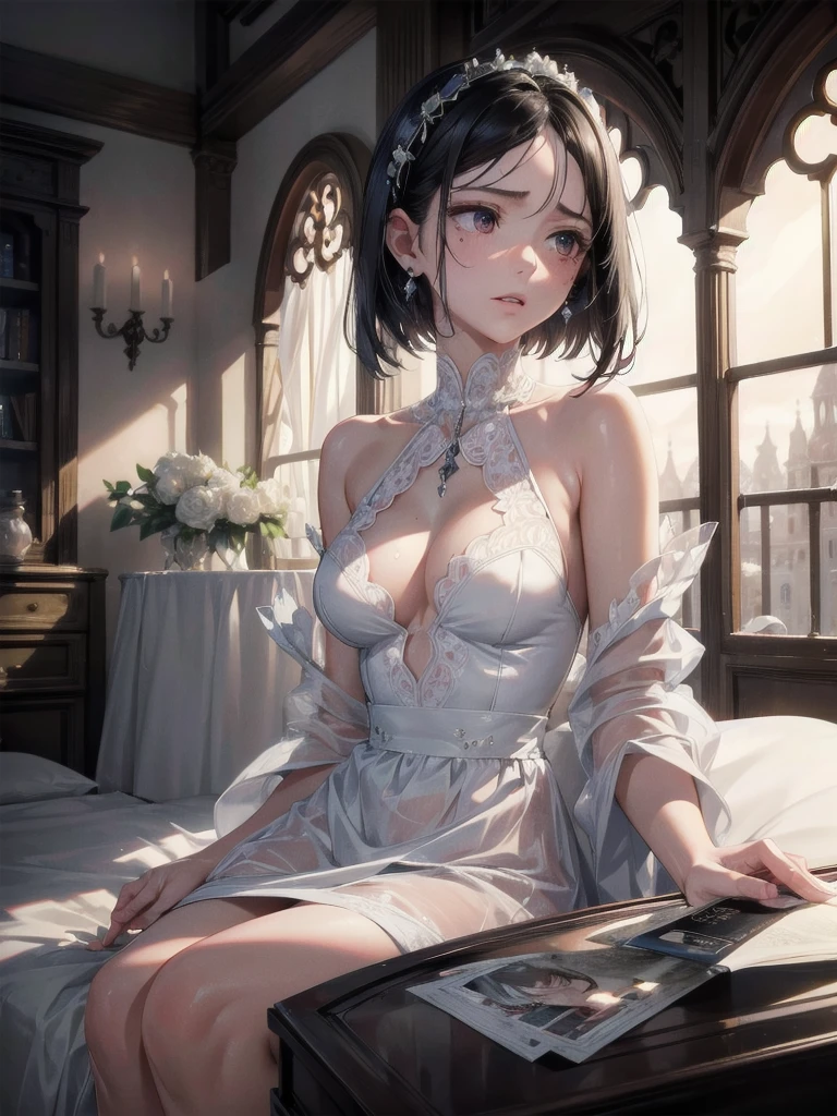 absurdres, RAW photo, extremely delicate and beautiful, masterpiece, Best Quality, ultra high resolution, 32k, hyperrealistic, ultra-detailed, in her 20s, delicate facial features, beautiful detailed girl, tearful mole, earring, medium breasts, full body shot, shorter middle hair, black hair, exorcist,