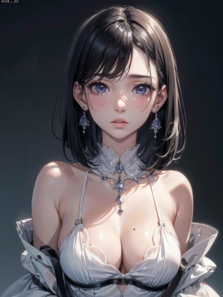 absurdres, RAW photo, extremely delicate and beautiful, masterpiece, Best Quality, ultra high resolution, 32k, hyperrealistic, ultra-detailed, in her 20s, delicate facial features, beautiful detailed girl, tearful mole, earring, medium breasts, full body shot, shorter middle hair, black hair, exorcist,