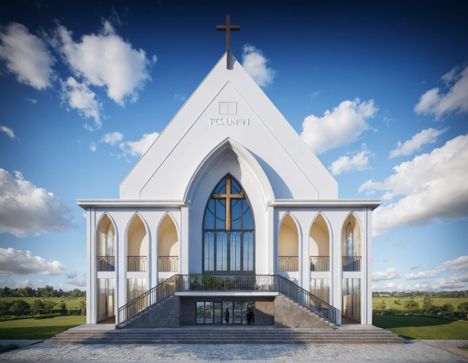raw photo, best quality, ultra realistic, masterpiece, best quality skin, photography hd, dslr, tcs, httlvn, modern church, road, people, house, facade design, outdoors, church,