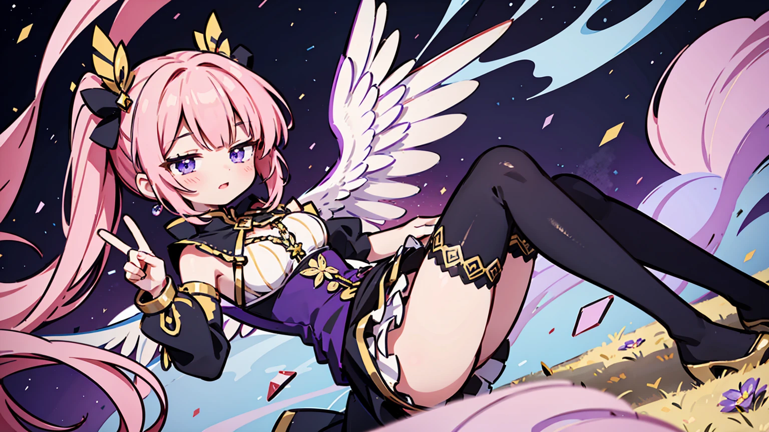( high quality , Super detailed, Watch your hands )This character is a beautifully designed anime-like character with delicate features. She has long, pastel pink hair that flows down to her ankles, with bangs swept to the side. Her eyes are large and expressive, with pink irises, which are commonly seen in anime-style characters. She is wearing a fantasy-inspired outfit that combines purple and black colors with gold accents. The outfit includes a form-fitting bodice with a high collar, frills, lace details, and thigh-high stockings with ribbon lacing. The character is adorned with ribbon-like accessories, such as a large bow in her hair and smaller bows on her outfit. She also has gold chains hanging from her waist and thigh. Her pose is playful, with one leg lifted slightly and a finger held to her lips, suggesting a secret or silence. Additionally, she has two elaborate wings, possibly mechanical or magical in nature, with multiple segments and a circular design near the base. The character is depicted in a vibrant scene with flowers matching her hair color, patches of grass, and a gemstone on the ground, creating a whimsical and otherworldly atmosphere.Chibi Character,Hands are hidden in sleeves