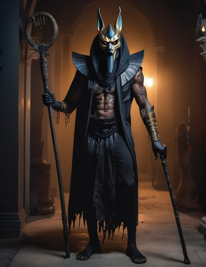 a man dressed as realistic zumbi Anubis halloween costume design, intimidating scary psychopathic man, anubis mask, dark energy, black costume, zumbi style, holding a staff, full body highly detailed, cinematic lighting, dramatic atmosphere party entrance, photorealistic, 8K, masterpiece