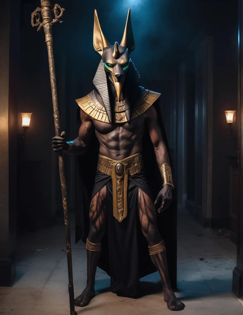 a man dressed as realistic zumbi Anubis halloween costume design, intimidating scary psychopathic man, anubis mask, dark energy, black costume, zumbi style, holding a staff, full body highly detailed, cinematic lighting, dramatic atmosphere party entrance, photorealistic, 8K, masterpiece