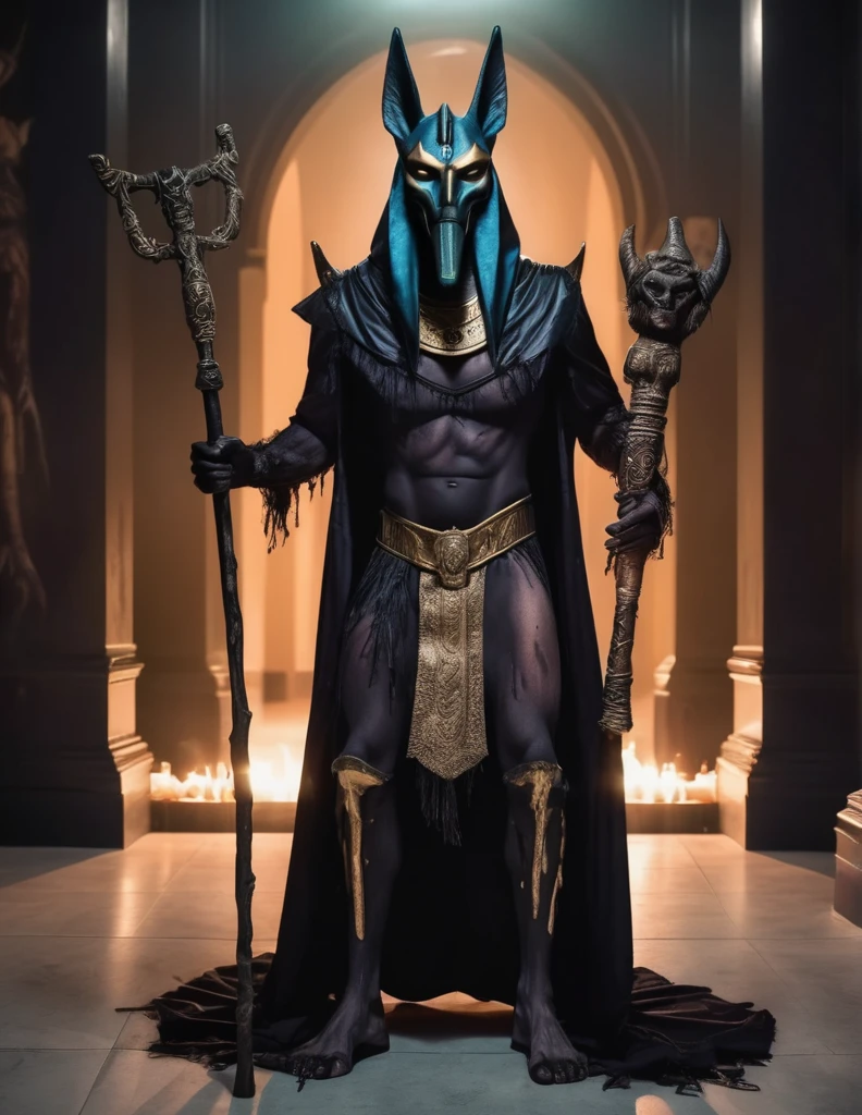 a man dressed as realistic zumbi Anubis halloween costume design, intimidating scary psychopathic man, anubis mask, dark energy, black costume, zumbi style, holding a staff, full body highly detailed, cinematic lighting, dramatic atmosphere party entrance, photorealistic, 8K, masterpiece