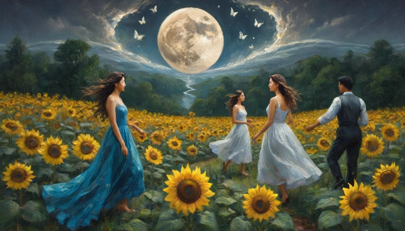 A symphony of flowers dances on the canvas, A whirlwind of dreams and emotions. Single number, They turned their backs, Walk along a path covered with melted clocks and neon butterflies. The moon falls like a waterfall, Huge, Blooming sunflowers whispering secrets to the wind.