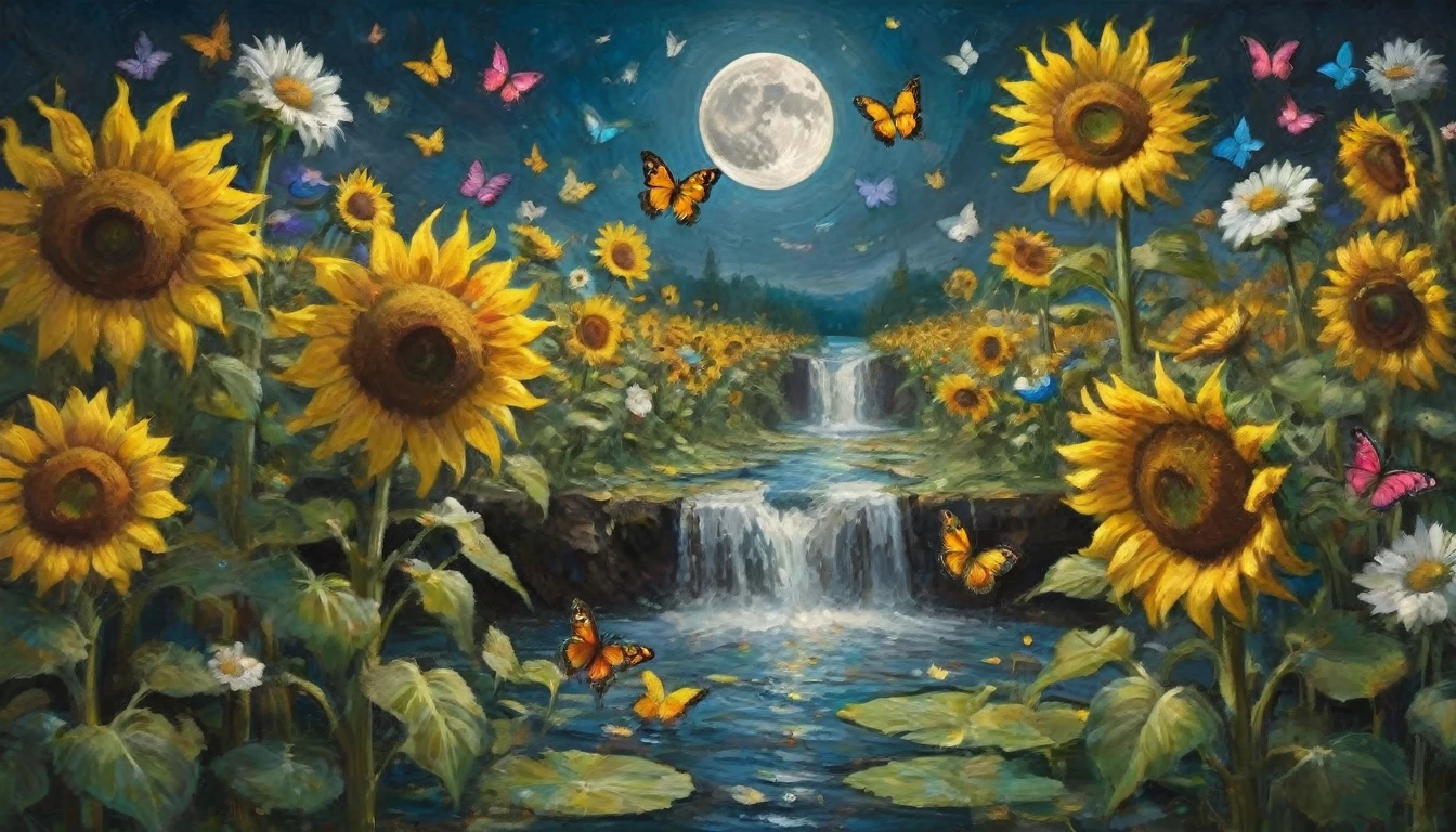 A symphony of flowers dances on the canvas, A whirlwind of dreams and emotions. Single number, They turned their backs, Walk along a path covered with melted clocks and neon butterflies. The moon falls like a waterfall, Huge, Blooming sunflowers whispering secrets to the wind.