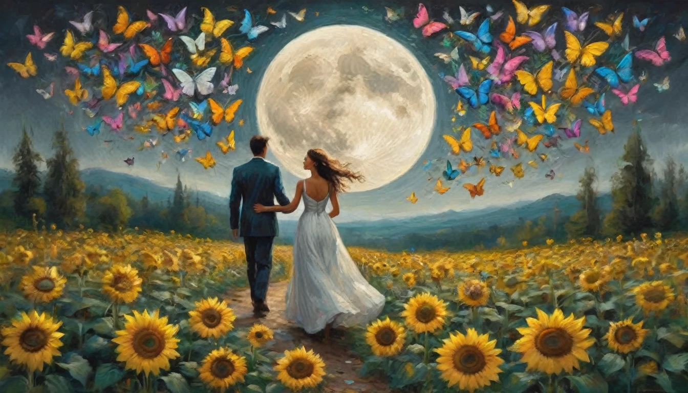 A symphony of flowers dances on the canvas, A whirlwind of dreams and emotions. Single number, They turned their backs, Walk along a path covered with melted clocks and neon butterflies. The moon falls like a waterfall, Huge, Blooming sunflowers whispering secrets to the wind.