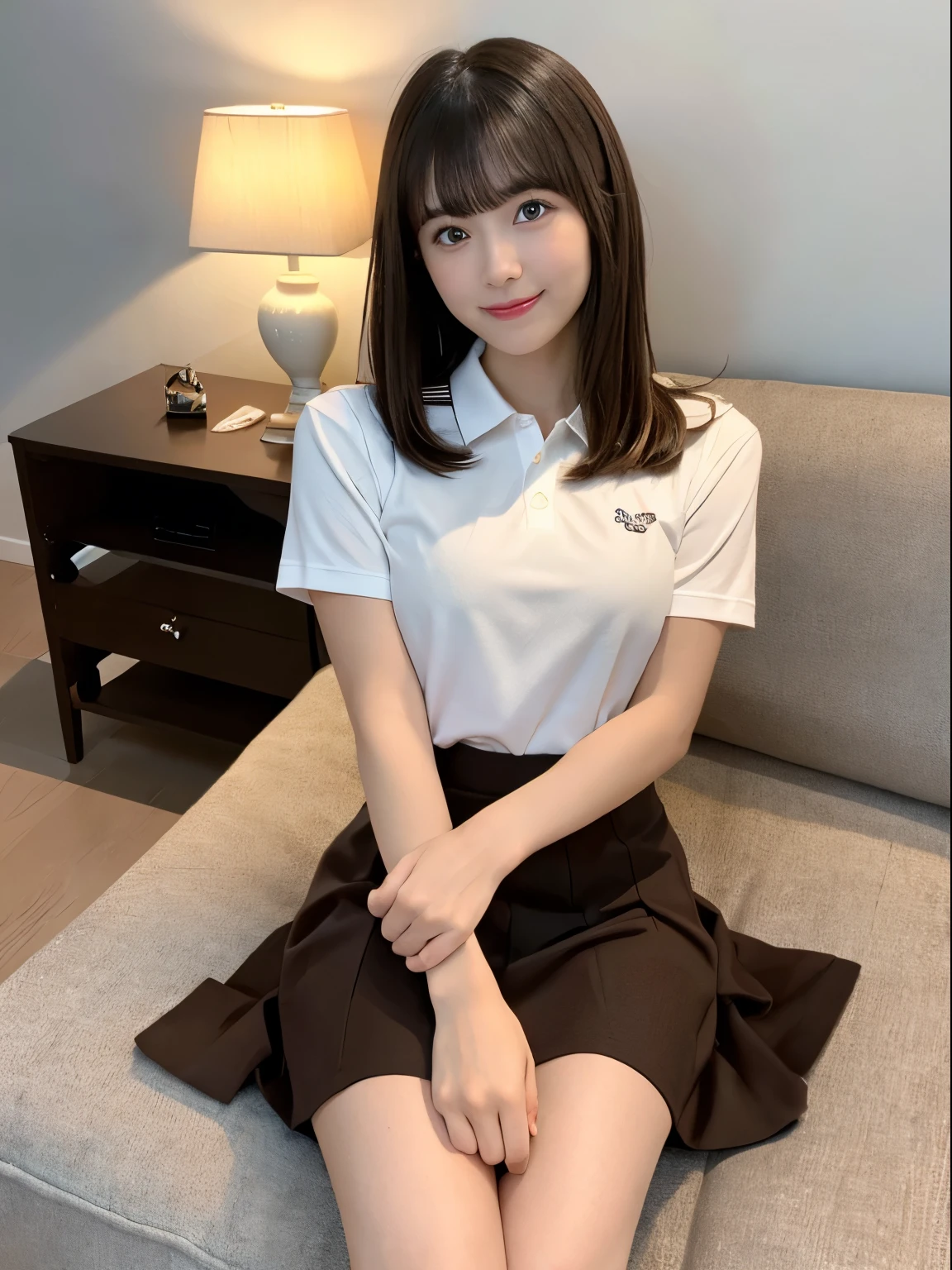 Woman sitting and holding a munchkin kitten、Beauty、In a bright room、sitting on tatami、Medium build、Wearing a polo shirt、Wearing a skirt、View from below、Her white underwear is visible between her skirt and legs.、Wearing white panties、, brown hair, light brown hair, hair over shoulder, parted bangs, straight hair, seductive smile, Surrealism, first-person view, f/1.2, Nikon, Expressionism, cinematic lighting, first-person view, f/1.2, Nikon, UHD, anatomically correct, best quality, highres, 8k