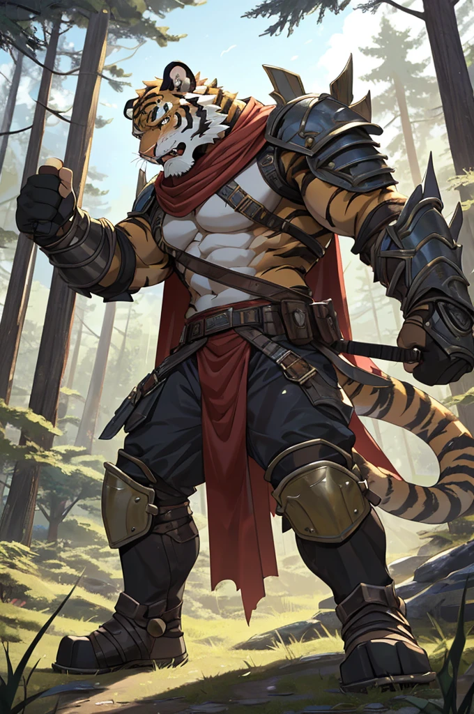Tiger,Young Adults,Strong,handsome,warrior,Sexy body,Golden fur,Huge penis,Bare chest and abdomen,Bare legs,unarmed,Very cool to wear,Revealing clothing,毛茸茸的Tiger爪,Extremely revealing clothing(Scapula,Armor knee pads,Red torn shawl,No pants),expression(vigilante,Gnashing of teeth),action(Standing,vigilante),Alone,angry,Challenge the camera character to a duel,environment(Clearing in open forest,There are sparse low weeds around,There are pine trees in the distance),good-looking,masterpiece,Very detailed,best quality.Not revealing enough,Please continue to modify
