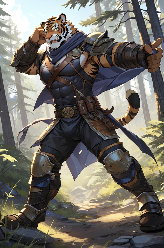 Tiger,Young Adults,Strong,handsome,warrior,Sexy body,Golden fur,Huge penis,Bare chest and abdomen,Bare legs,unarmed,Very cool to wear,Revealing clothing,毛茸茸的Tiger爪,Extremely revealing clothing(Scapula,Armor knee pads,Red torn shawl,No pants),expression(vigilante,Gnashing of teeth),action(Standing,vigilante),Alone,angry,Challenge the camera character to a duel,environment(Clearing in open forest,There are sparse low weeds around,There are pine trees in the distance),good-looking,masterpiece,Very detailed,best quality.Not revealing enough,Please continue to modify