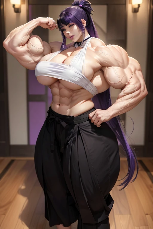 ((Massive tall, beautiful, buff, pale white skinned muscular woman with violet purple hair, black lipstick, ginormous bulky muscles and wearing a black hakama pants and violet haori)), ((close view)), massive muscles, long hair with long bangs, sash belt, black eyes, choker, ((black hakama)), ((violet haori)), sandals, (in the star filled beautiful village), closed smile, night, ginormous muscles