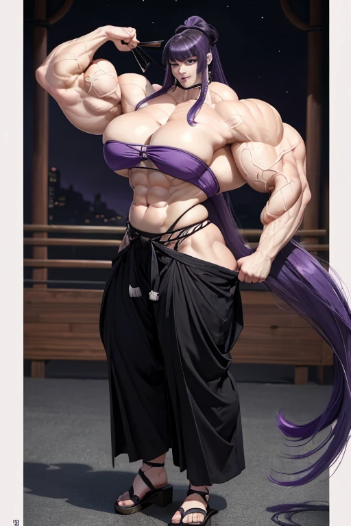 ((Massive tall, beautiful, buff, pale white skinned muscular woman with violet purple hair, black lipstick, ginormous bulky muscles and wearing a black hakama pants and violet haori)), ((close view)), massive muscles, long hair with long bangs, sash belt, black eyes, choker, ((black hakama)), ((violet haori)), sandals, (in the star filled beautiful village), closed smile, night, ginormous muscles