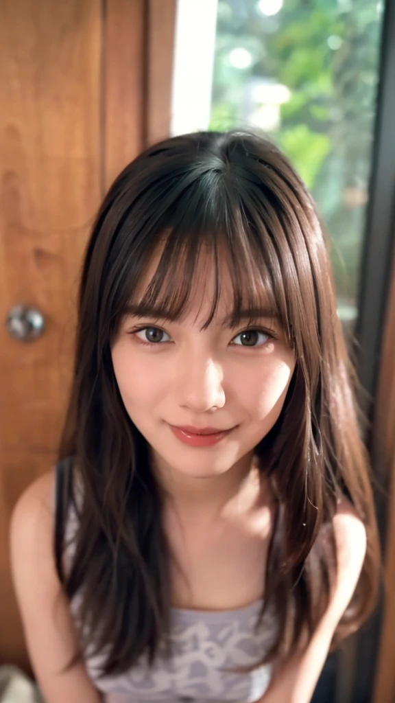 (((smile、Focus on the eyes:1.1、Extremely detailed:1.22、Ultra-high resolution、masterpiece:1.45、Highest quality)))、((((Whole body expression:1.68、camisole、Leaning forward、One person))))、long, straight black hair、So that every single hair is clearly visible、The subtle color changes of hair depending on how the light hits it、 Skin has a natural glow、Fine skin texture、Representing the fine details of pores:1.25、Details of the light redness on the forehead and cheeks、(((Eyes with fine iris details、The eyes depict color gradations and patterns.、Long, natural-looking eyelashes, each and every one visible、Well-groomed eyebrows、眉毛のindivual々The hair is clearly visible、Light reflecting off into the eye、The light in the eyes creates small highlights)))、The nose is delicate、Fine detail on the nostrils、Lips are plump and naturally pink、Depicts the fine lines and soft curves of the lips、lips are shiny and、The gloss on your lips accentuates their shape.、(((Detailed depiction of lip texture、Particular attention to the depiction of light and shadow、Soft natural light gently illuminates the face from the front、A faint glow on the forehead、A slight shine on the nose、A slight glow on the cheeks、Shadows are cast softly along the contours of the face、Accentuate the sides of your cheekbones、Accentuate the sides of the jawline、Emphasize the sides of the nose、The gloss on her lips reflects the light faintly、Lips emphasize the plump texture、The shadow of the hair gives depth and dimension、indivual々The hair shines in the light、