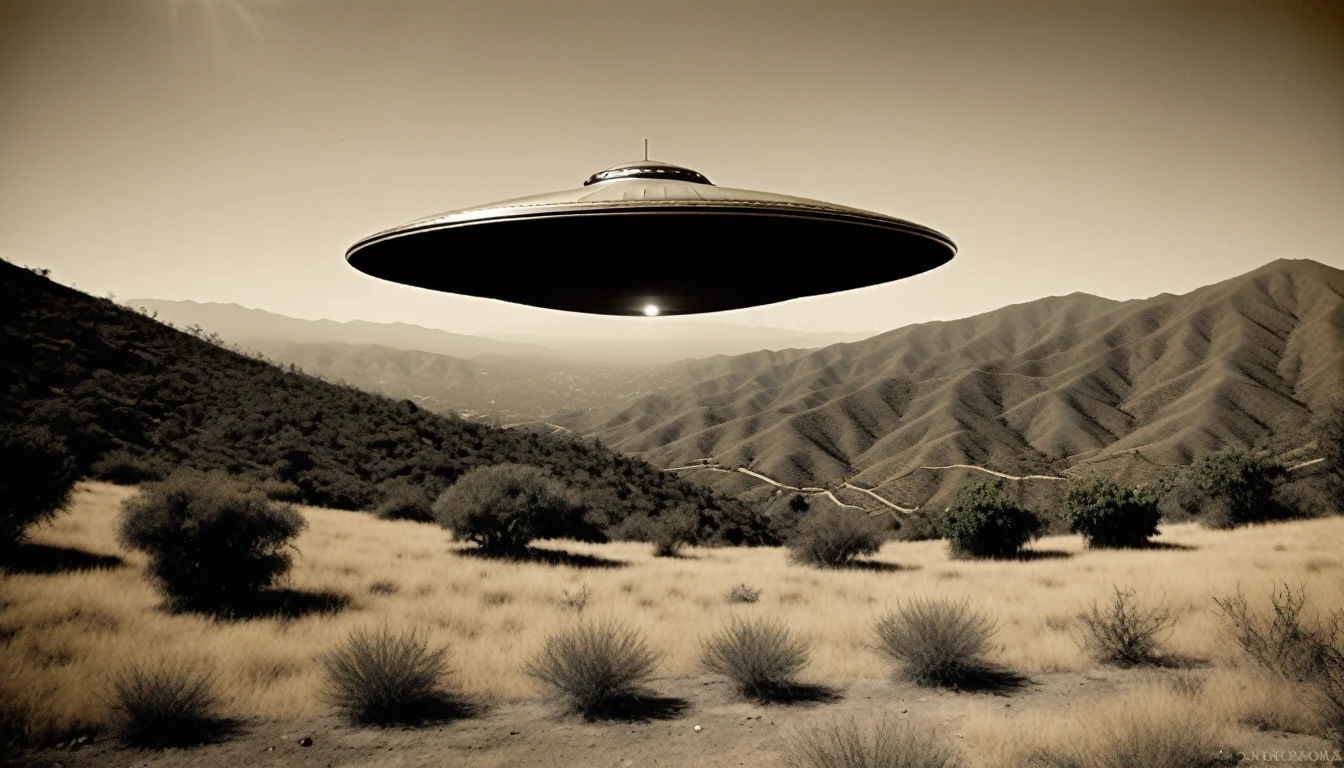 Wide aspect ratio, 1920s old analog photo, damaged old film, grainy, blurry, B&W Sepia tone, of a 3 meters diameter alien flying saucer U.F.O. hovering 1 meters above the ground, in the middle of the Oaxacan Mountains in San José del Pacífico, 3 Mexican cowboys witness with astonishment. Liminal, Dystopian, hyperdetailed, real,