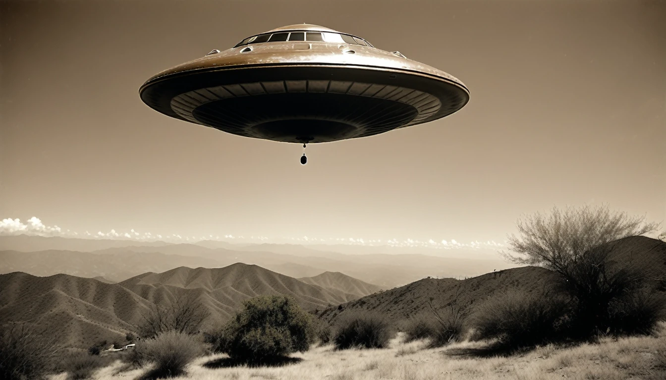 Wide aspect ratio, 1920s old analog photo, damaged old film, grainy, blurry, B&W Sepia tone, of a 3 meters diameter alien flying saucer U.F.O. hovering 1 meters above the ground, in the middle of the Oaxacan Mountains in San José del Pacífico, 3 Mexican cowboys witness with astonishment. Liminal, Dystopian, hyperdetailed, real,