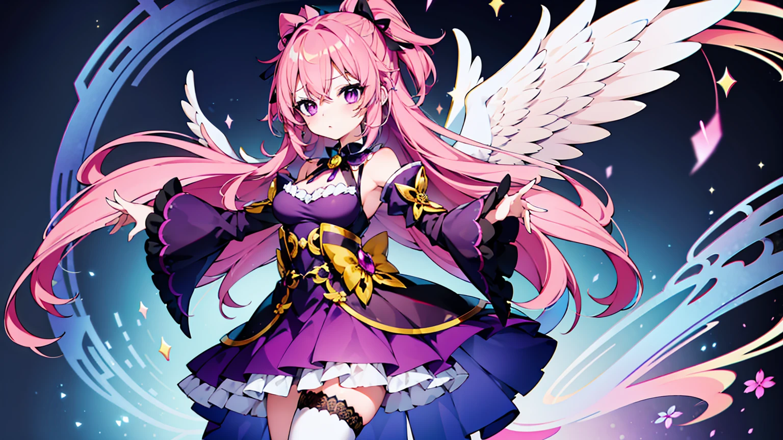 ( high quality , Super detailed, Watch your hands )This character is a beautifully designed anime-like character with delicate features. She has long, pastel pink hair that flows down to her ankles, with bangs swept to the side. Her eyes are large and expressive, with pink irises, which are commonly seen in anime-style characters. She is wearing a fantasy-inspired outfit that combines purple and black colors with gold accents. The outfit includes a form-fitting bodice with a high collar, frills, lace details, and thigh-high stockings with ribbon lacing. The character is adorned with ribbon-like accessories, such as a large bow in her hair and smaller bows on her outfit. She also has gold chains hanging from her waist and thigh. Her pose is playful, with one leg lifted slightly and a finger held to her lips, suggesting a secret or silence. Additionally, she has two elaborate wings, possibly mechanical or magical in nature, with multiple segments and a circular design near the base. The character is depicted in a vibrant scene with flowers matching her hair color, patches of grass, and a gemstone on the ground, creating a whimsical and otherworldly atmosphere.Chibi Character,Hands are hidden in sleeves