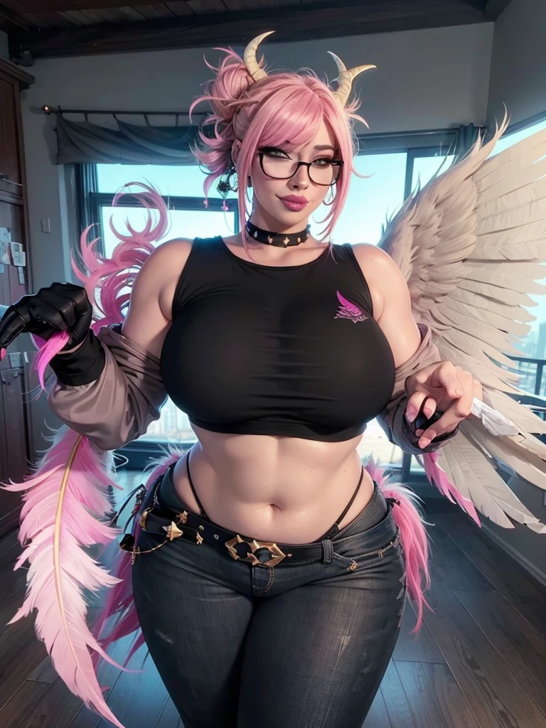 realisticlying,22yo girl,Blonde short、big body, sexy lingerie lace black ,perfect eyes, hair bunches、very very long hair, ultradetailed hair, body nylon sexy, Breasts enlarged、 big body, blonde, woman 1.90 CM,ponytail, ((hair over eyes)),perfect mouth, massive big bounce oppai, WET SKIN, (masterpiece, best quality:1.2), 1girl, solo, city background, haze \(fortnite\), Harpy Haze From fortnite, 1girl, earrings, glasses, hat, jewelry, lips, long hair, looking at viewer, makeup, nail polish, pink eyes, pink hair, pink nails, smile, sunglasses, tinted eyewear, belt, black pants, crop top, eyeshadow, midriff, navel, pants, choker, fingernails, round eyewear, sharp fingernails, standing, black feathers, black headwear, hoop earrings, horned headwear, horns, denim, winged arms, feather trim, star \(symbol\), elbow gloves, dark pink lips, feathers, heels, shoes, angel wings, bangle, black wings, crop top overhang, feathered wings, harpy, low wings, multicolored hair, multicolored wings, pink wings, wings, fingerless gloves, shirt, long fingernails, boater hat, bootcut pants, leather pants, sleeves, black sleeves,massive big bounce oppai,massive big bounce oppai,massive big bounce oppai,