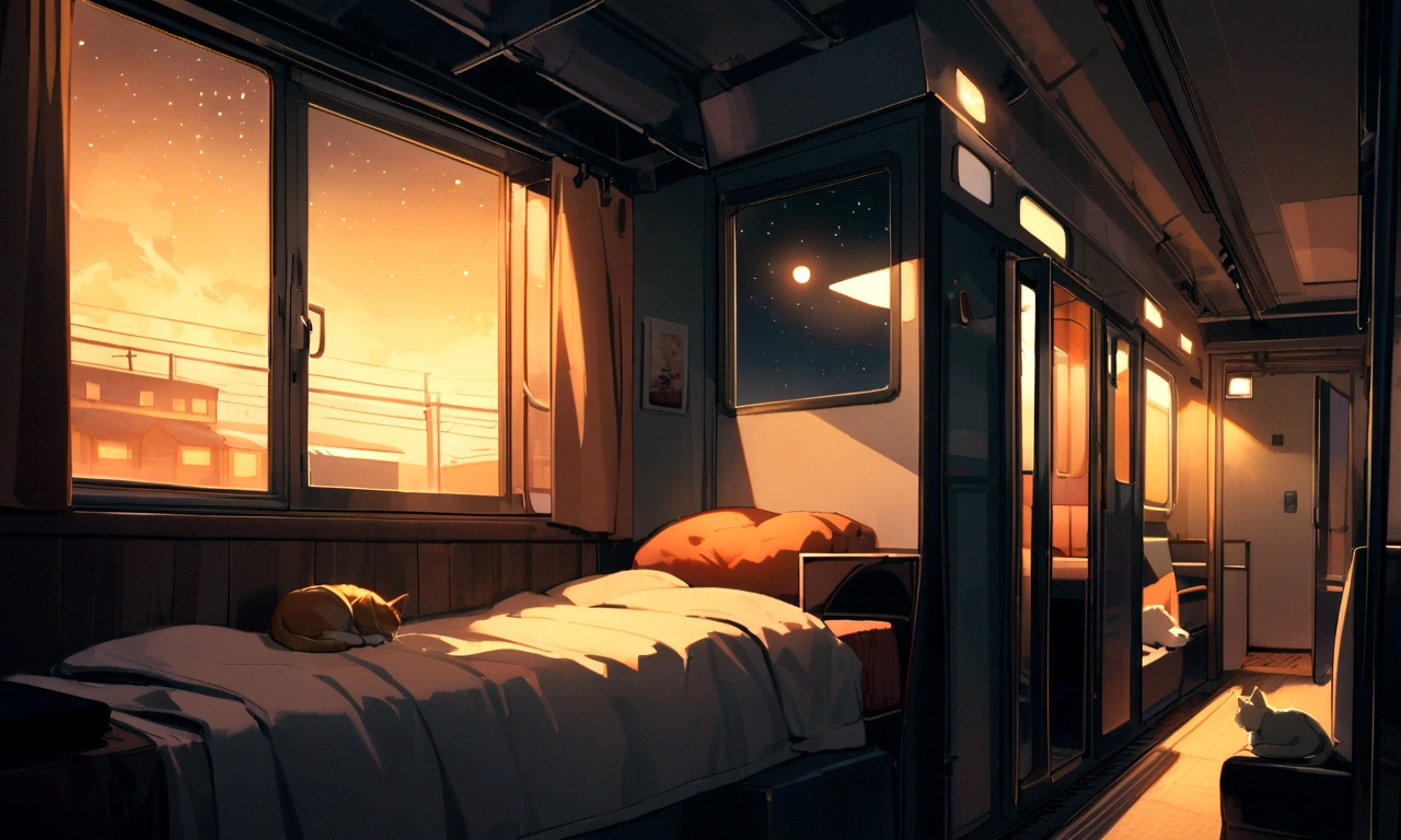 Cat sleeping in a cozy room on the train, Comfortable bed, The window and the night outside, Dim orange light, It's dark outside,Starry sky outside、Very cozy room on the train.Trailer House、A cat、