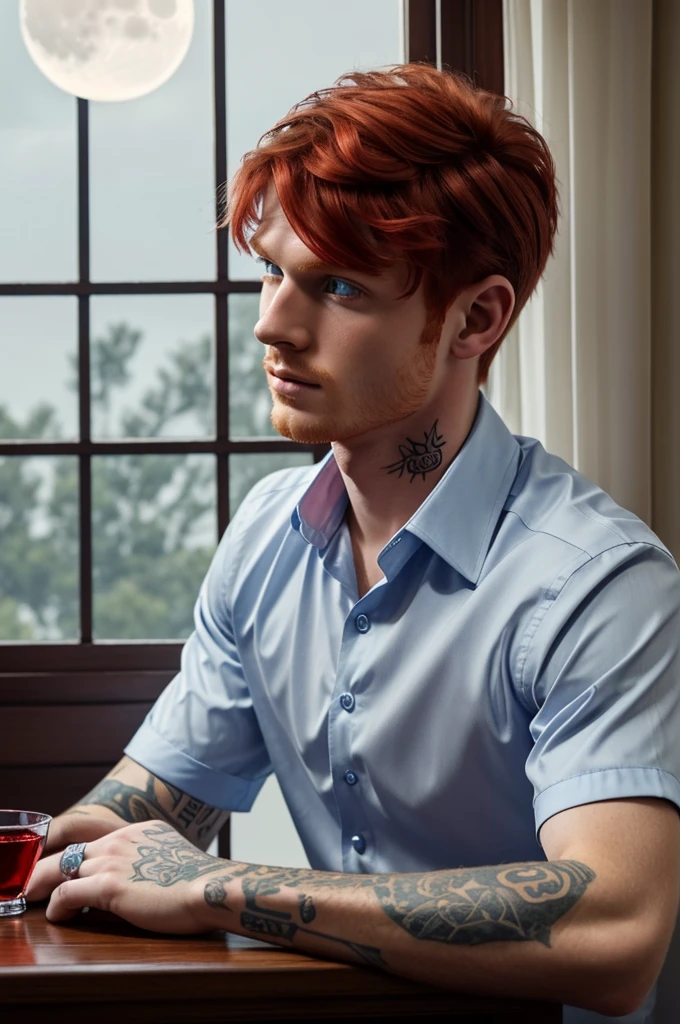 A red-haired boy with intensely blue eyes, attractive with angelic and seductive features .He is dressed in a short-sleeved formal shirt with tattoos on his right arm.,In his hand he has a silver ring with a red diamond , holding a glass of liquor ,leaning out the window watching the moon . That the image is of good quality in color and realistic