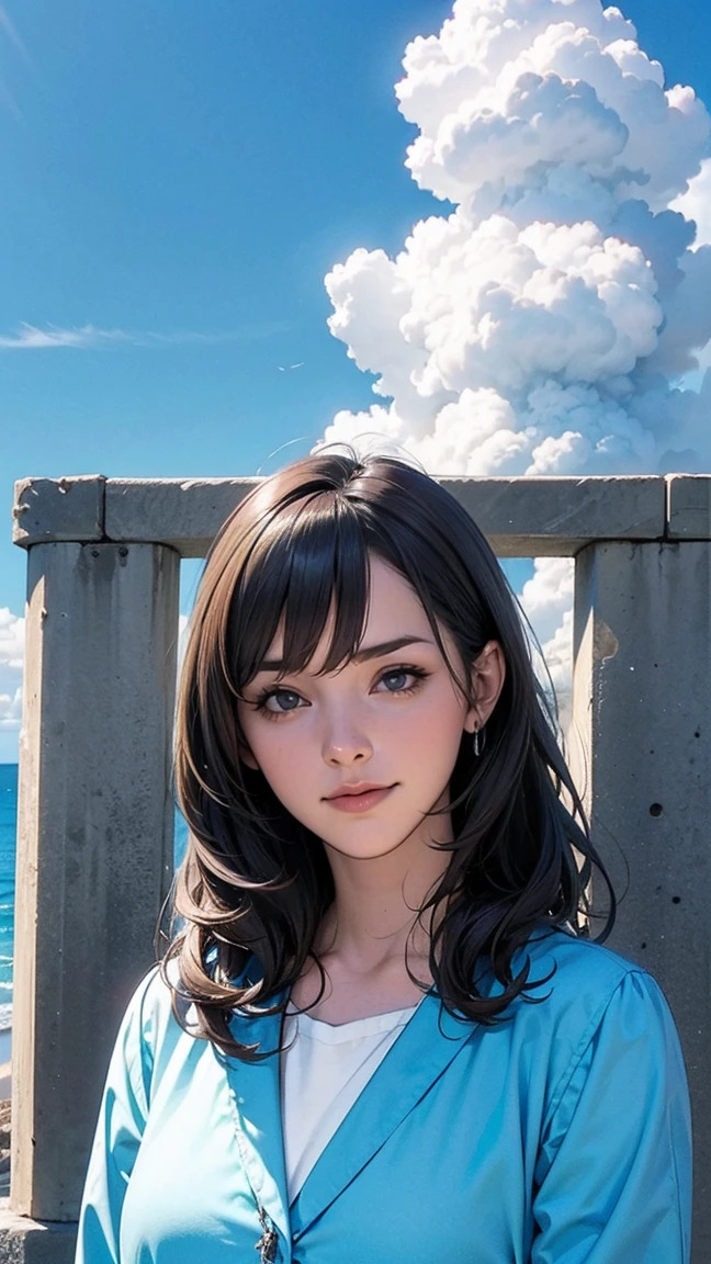 ((最high quality, 8K, masterpiece: 1.3, Ultra HD, high quality, 最high quality, High resolution, realism)) 、Beautiful 18 year old Caucasian female、Hair is black、Iridium Hair、My hair is wavy、smile、I want to keep my head out of the screen.、sit on a high breakwater on the beach、The blue sky is beautiful、There is a cloud at the entrance、that'summer、I'm wearing a sailor suit、Wearing a navy blue pleated skirt、Wear loafers、There is a road in front of the breakwater.、There is a sign indicating the bus stop.、The sea is beautiful、Beautiful Horizon、 island can be seen offshore