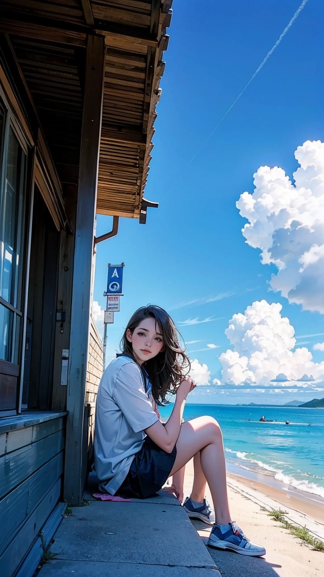 ((最high quality, 8K, masterpiece: 1.3, Ultra HD, high quality, 最high quality, High resolution, realism)) 、Beautiful 18 year old Caucasian female、Hair  is black、Iridium Hair、My hair is wavy、smile、I want to keep my head out of the screen.、sit on a high breakwater on the beach、The blue sky is beautiful、There is a cloud at the entrance、that&#39;summer、I'm wearing a sailor suit、Wearing a navy blue pleated skirt、Wear loafers、There is a road in front of the breakwater.、There is a sign indicating the bus stop.、The sea is beautiful、Beautiful Horizon、 island can be seen offshore