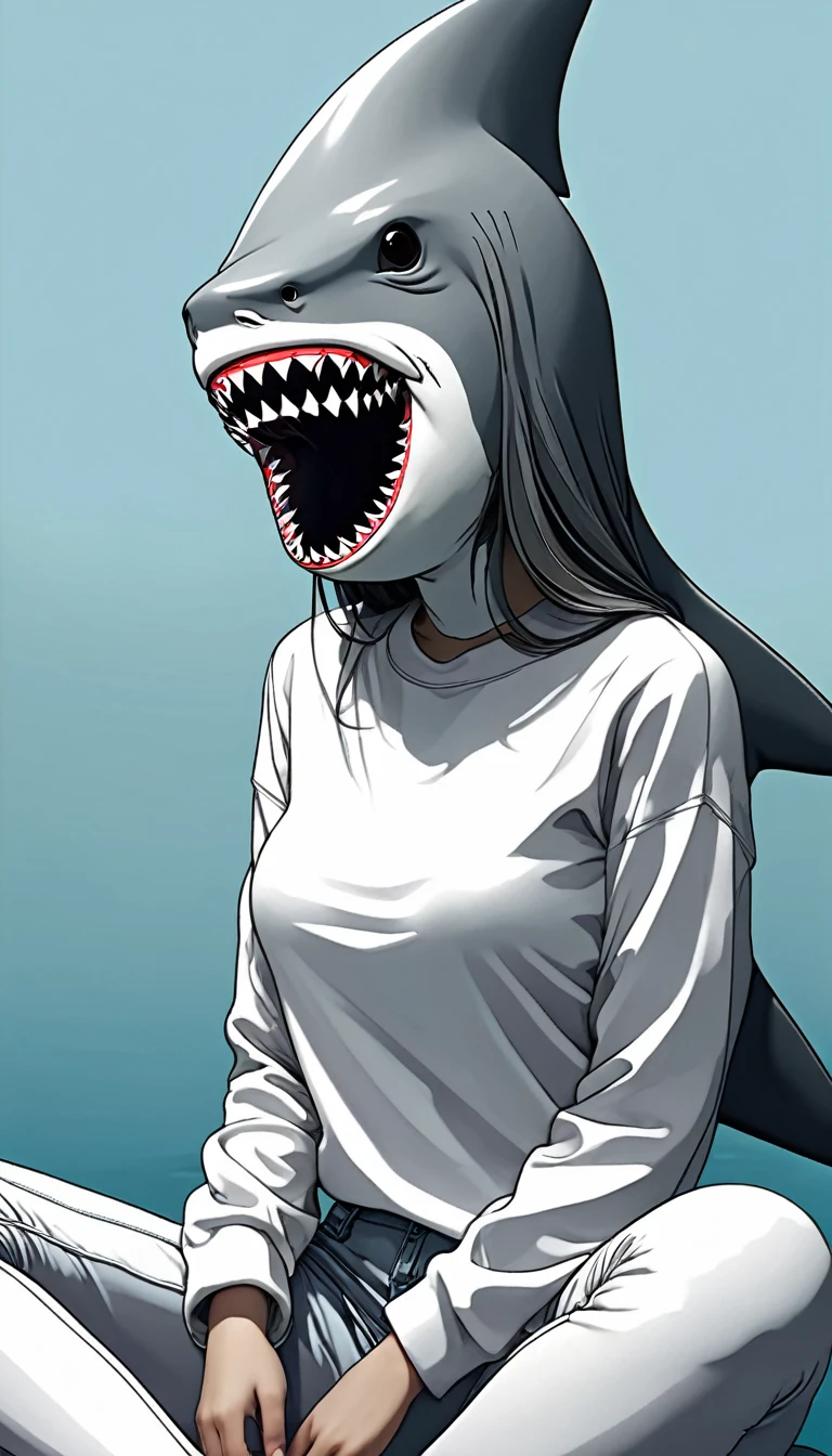 (shark-head), girl wearing  shark head,(no face),(no humans), detailed, fullbody, sitting