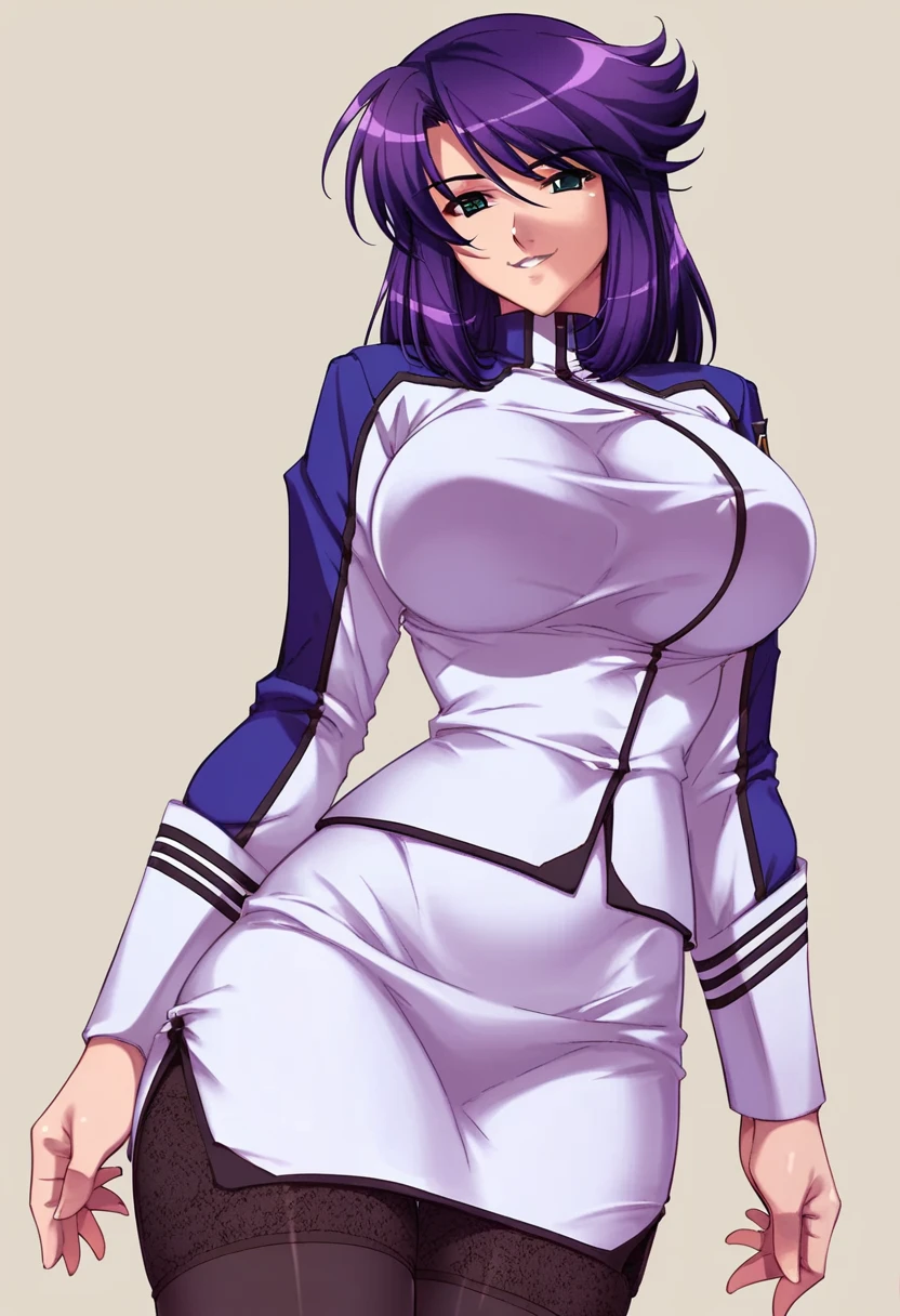 score_9, score_8_up, score_7_up, 
1girl, Rieri Bishop, medium hair, purple hair, bangs, green eyes,
large breasts, white military uniform, pencil skirt, thighighs,
smile, looking at viewer,  white background,