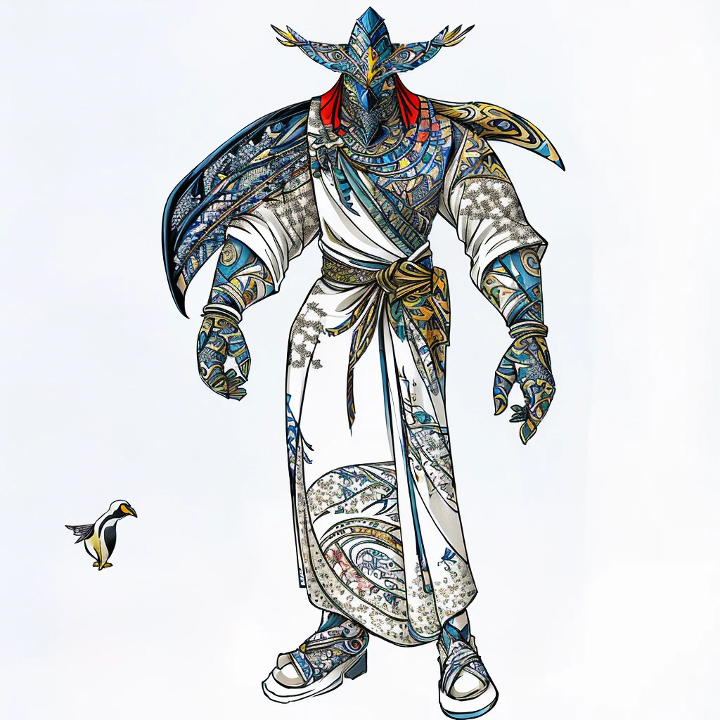 Drawing of a man with a bird-beak mask on his head, Whole body concept,Old people , Butterfly patterned shawl and skirt,Showing off muscles,Penguin head shaped steel arm,New clothing concept design, complex fantasy character, Concept Character, Orc concept, ( ( Character Concept Art ) ), Full body character concept