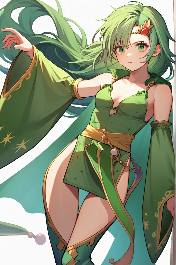 score_9, score_8_up, score_7_up, source_anime BREAK 1girl, solo, rydia, long hair, green hair, green eyes, circlet, hair ornament, green hoodie, circlet, hair ornament, green cape, green leotard, pelvic curtain, detached sleeves, thigh boots