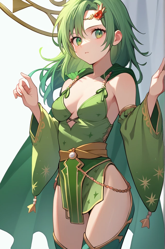 score_9, score_8_up, score_7_up, source_anime BREAK 1girl, solo, rydia, long hair, green hair, green eyes, circlet, hair ornament, green hoodie, circlet, hair ornament, green cape, green leotard, pelvic curtain, detached sleeves, thigh boots