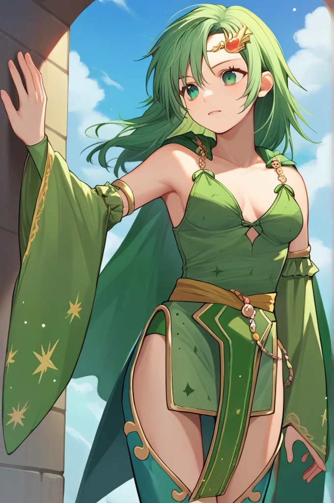 score_9, score_8_up, score_7_up, source_anime BREAK 1girl, solo, rydia, long hair, green hair, green eyes, circlet, hair ornament, green hoodie, circlet, hair ornament, green cape, green leotard, pelvic curtain, detached sleeves, thigh boots