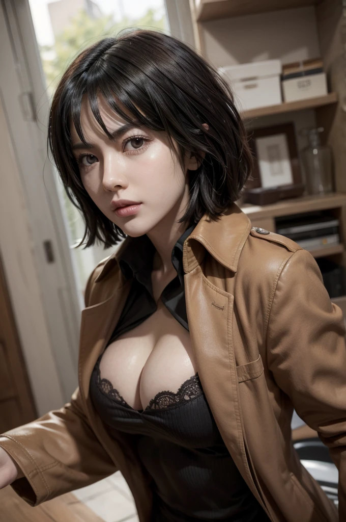 Mikasa from attack on titan, realistic, age 28, extreme pure white skin, brown pupils, black brown hair, whote and black uniform, brown jacket, perfect face, perfect shape body, large breasts, 3d, cowboy shots.