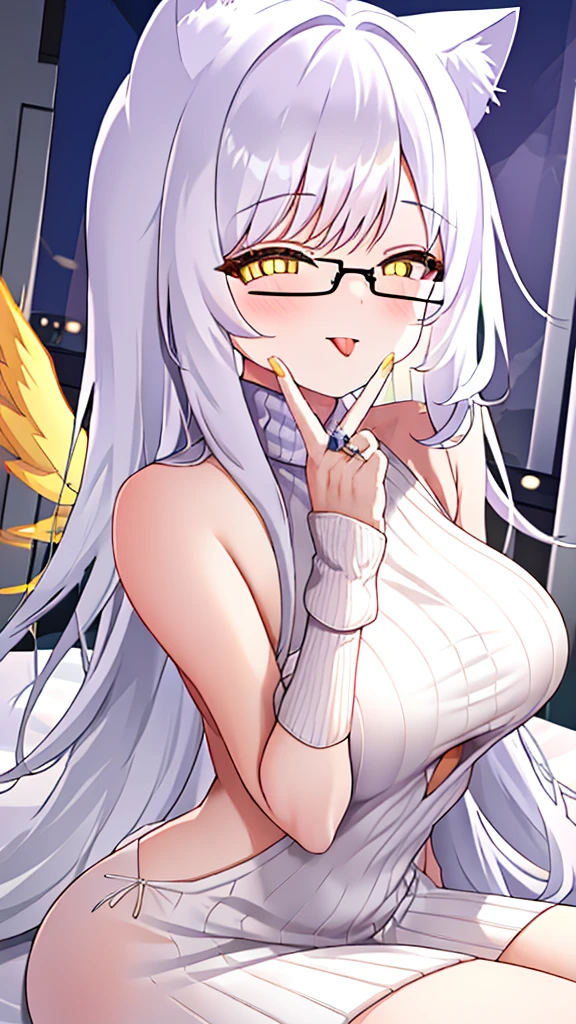 A 20-year-old female angel with long, white hair, yellow eyes, white cat ears, and large white angel wings. yellow halo ring round white glasses (White halter turtleneck sweater, white purekiller sweater, sleeveless, sexy backless sweater, white dress) White arm warmers, stick out tongue, bedroom