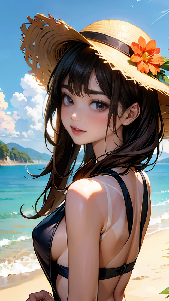 Medium chest, Sports Late, (Best lighting and shadow effects, Ultra-realistic), Cute and symmetrical face, an animated image of a hot naked japanese girl with 比基尼 on, 1girl, swimsuit, 比基尼, 独奏, Ass, adjusting clothes, hat, breasts, day, brown hair, black 比基尼, barefoot, outdoors, looking back, adjusting swimsuit, sky, suns, tanlines, tan, flower, bottle, Sun hat, looking at viewer, feet, jewelry, thick eyebrows