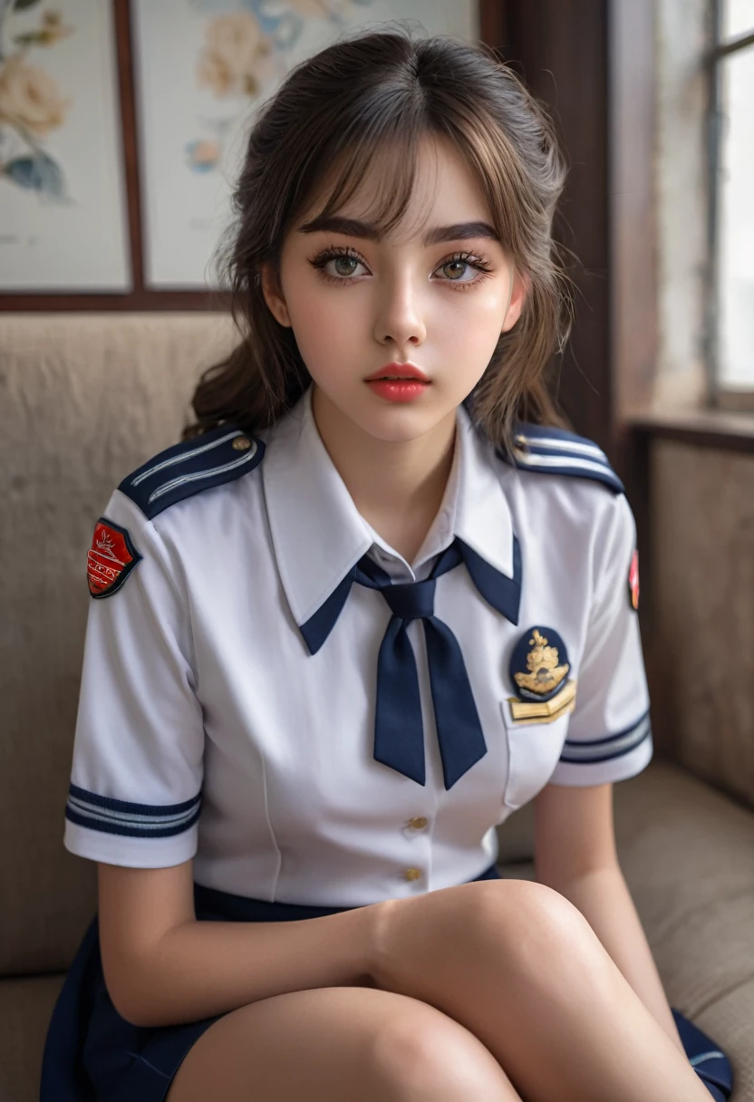 a 16 year old  in uniform, sitting and showing her panties, beautiful detailed eyes, beautiful detailed lips, extremely detailed eyes and face, long eyelashes, , sitting pose, panties visible, photorealistic, 8k, high quality, intricate details, cinematic lighting, vibrant colors, soft focus, elegant aesthetic, hyper realistic