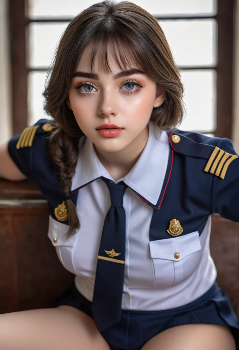 a 16 year old  in uniform, sitting and showing her panties, beautiful detailed eyes, beautiful detailed lips, extremely detailed eyes and face, long eyelashes, , sitting pose, panties visible, photorealistic, 8k, high quality, intricate details, cinematic lighting, vibrant colors, soft focus, elegant aesthetic, hyper realistic